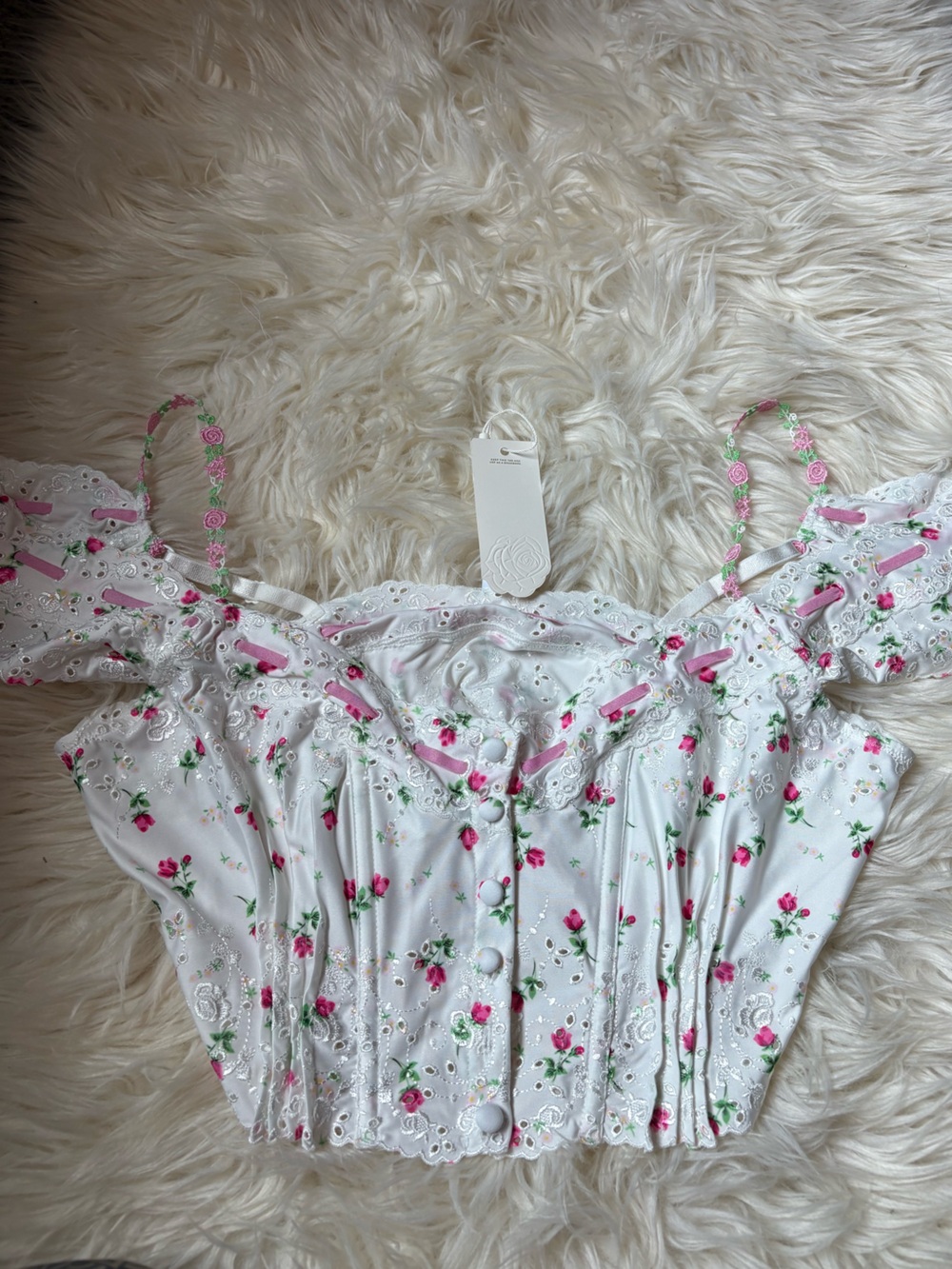 NWT For Love & Lemons White Eyelet Cropped Corset Top with Pink Rose Embroidery